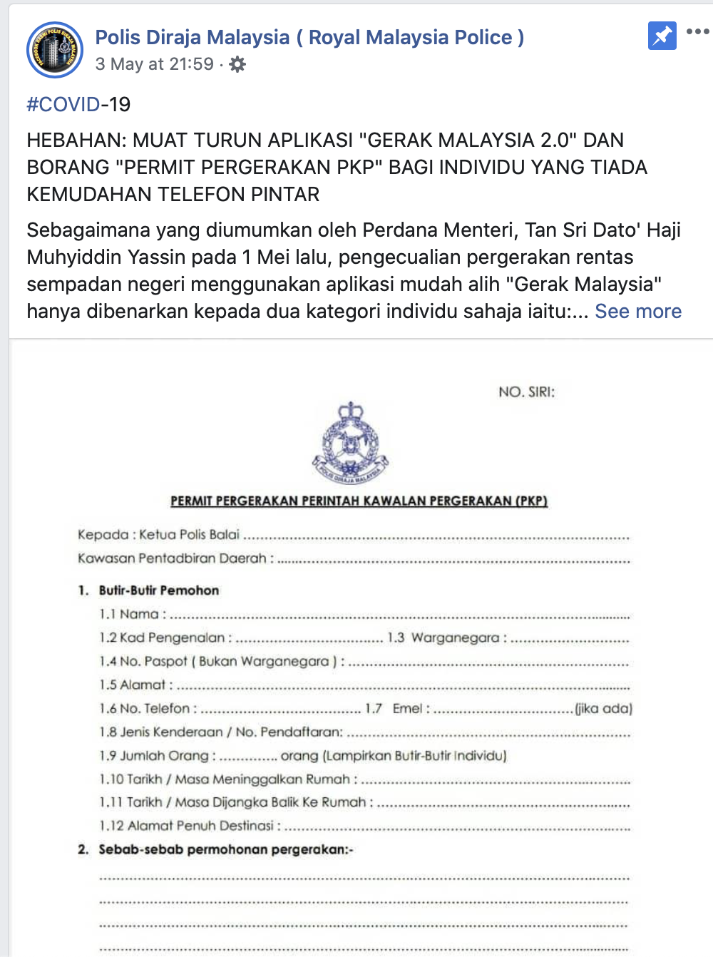 Borang permit pergerakan pkp 2021